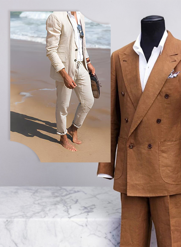 LeeCeen夏日亞麻西裝度假穿搭-米白色海灘休閒造型與煙草棕色雙排釦訂製西裝展示