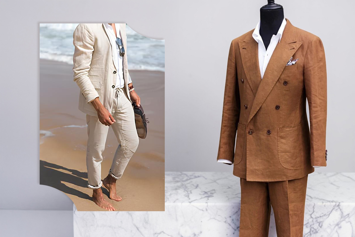 LeeCeen夏日亞麻西裝度假穿搭-米白色海灘休閒造型與煙草棕色雙排釦訂製西裝展示