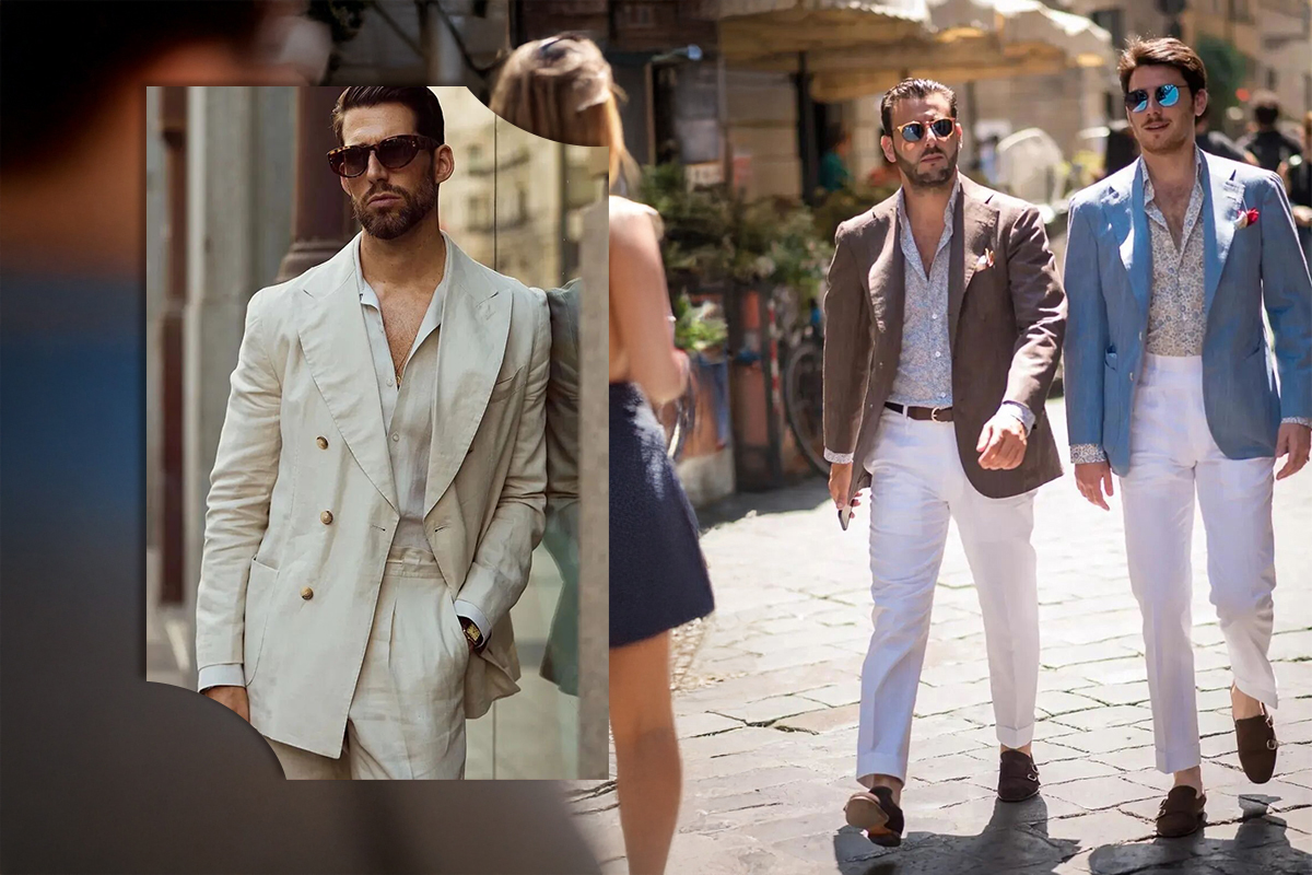 淺米色雙排釦西裝與棕色、淺藍色休閒西裝外套-搭配白褲的度假風紳士穿搭