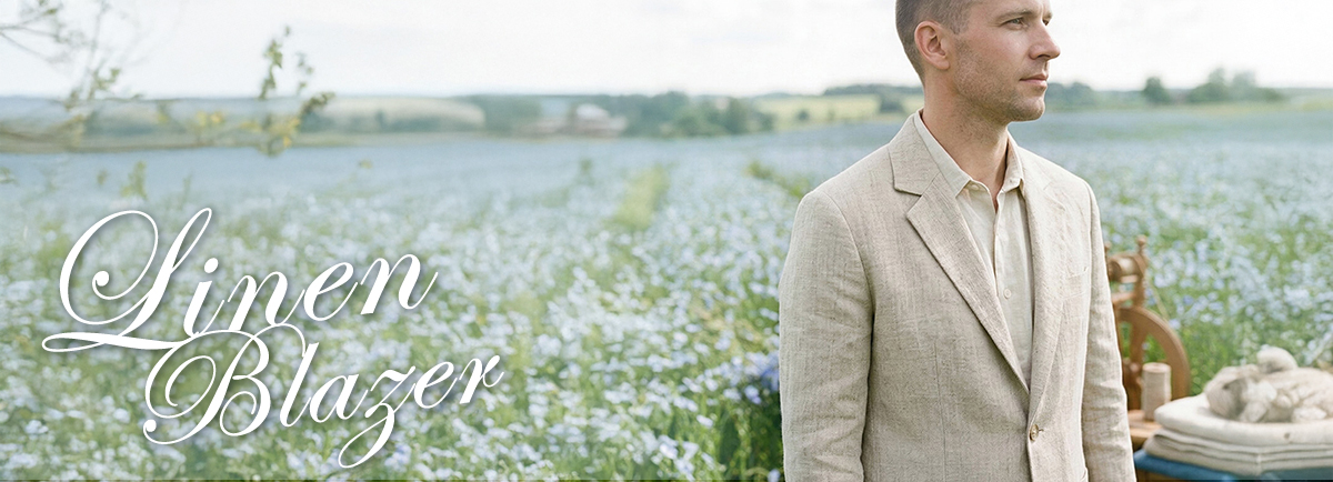 男士穿著米色亞麻西裝外套於戶外花田場景，展現春夏輕盈透氣紳士穿搭風格