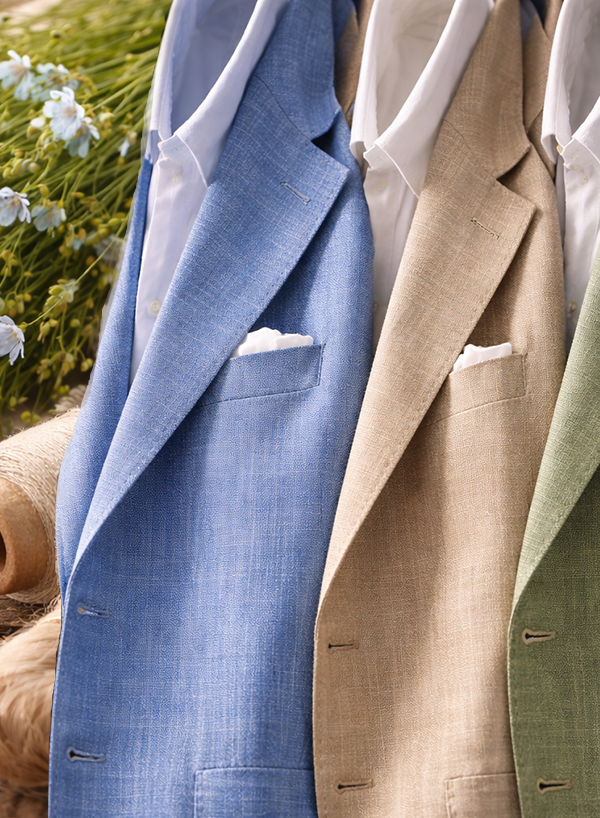 LeeCeen夏季天然亞麻西裝系列-淺藍色、米色與淺綠色休閒西裝外套-亞麻花與紗線原料工藝展示