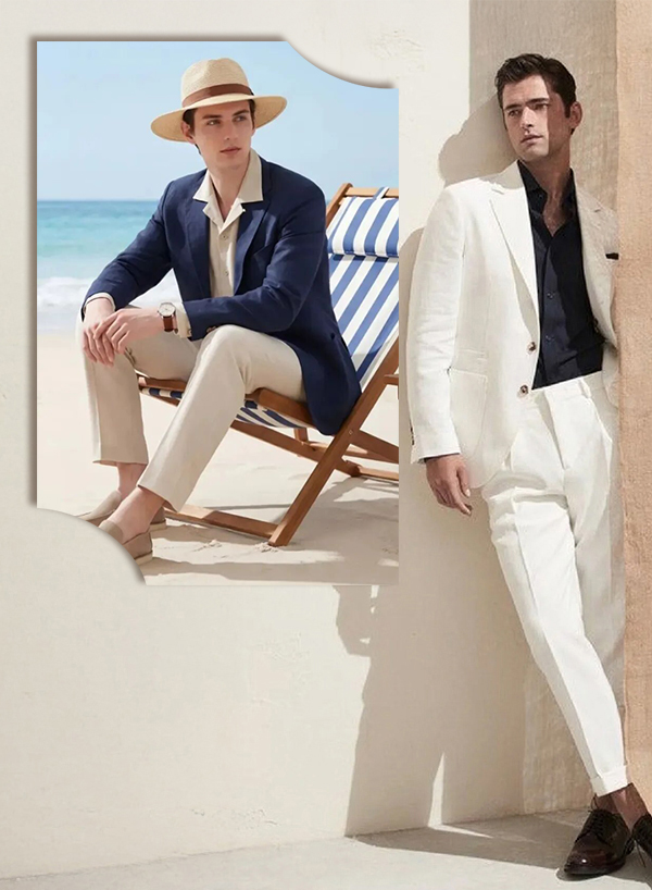 夏日亞麻西裝海島穿搭-海軍藍休閒西裝與純白色亞麻套裝-展現海灘度假與都會優雅風格
