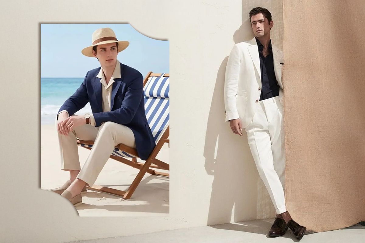 夏日亞麻西裝海島穿搭-海軍藍休閒西裝與純白色亞麻套裝-展現海灘度假與都會優雅風格