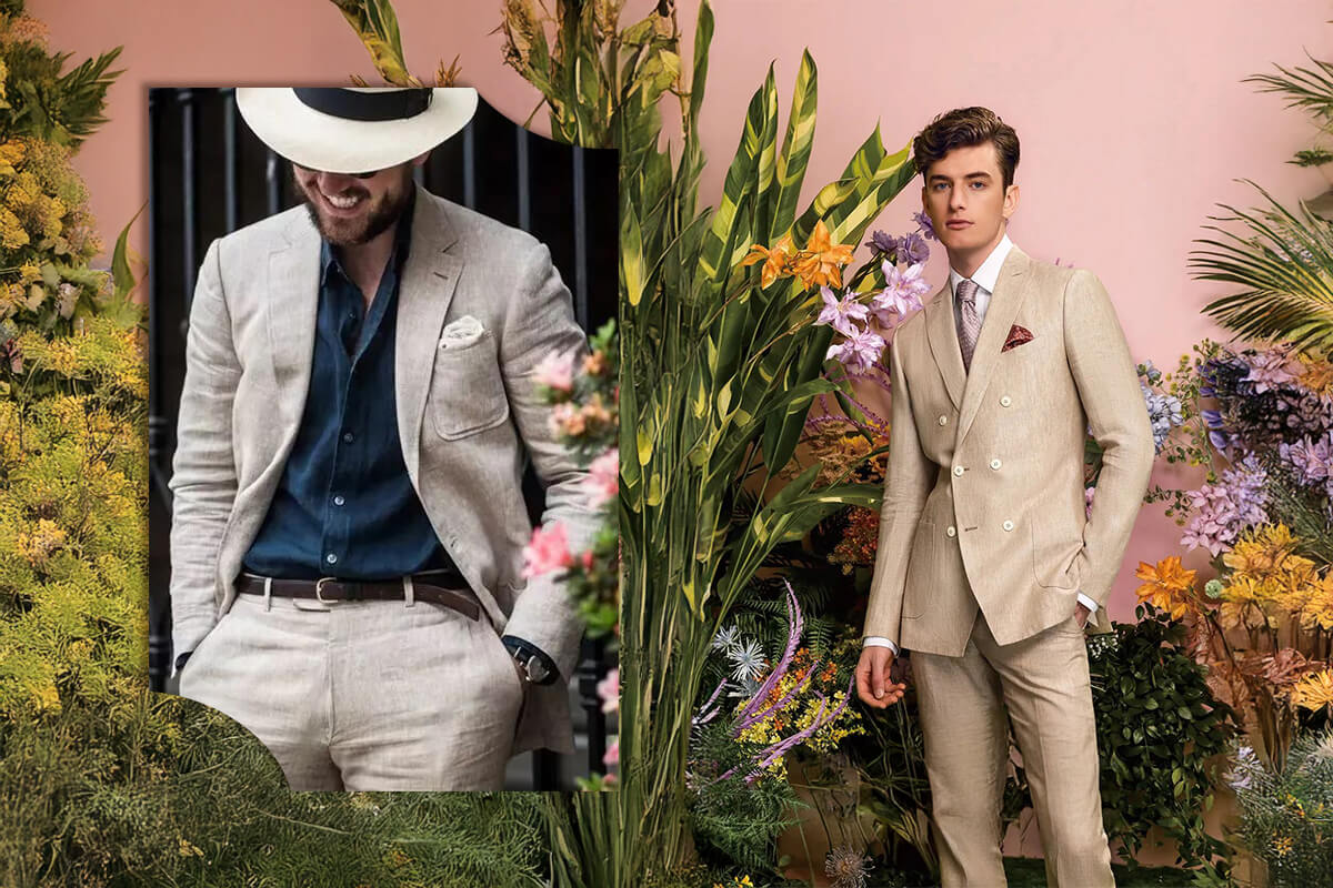 LeeCeen春夏亞麻西裝系列-淺米色雙排釦西裝與巴拿馬帽度假穿搭-搭配熱帶花卉植物背景