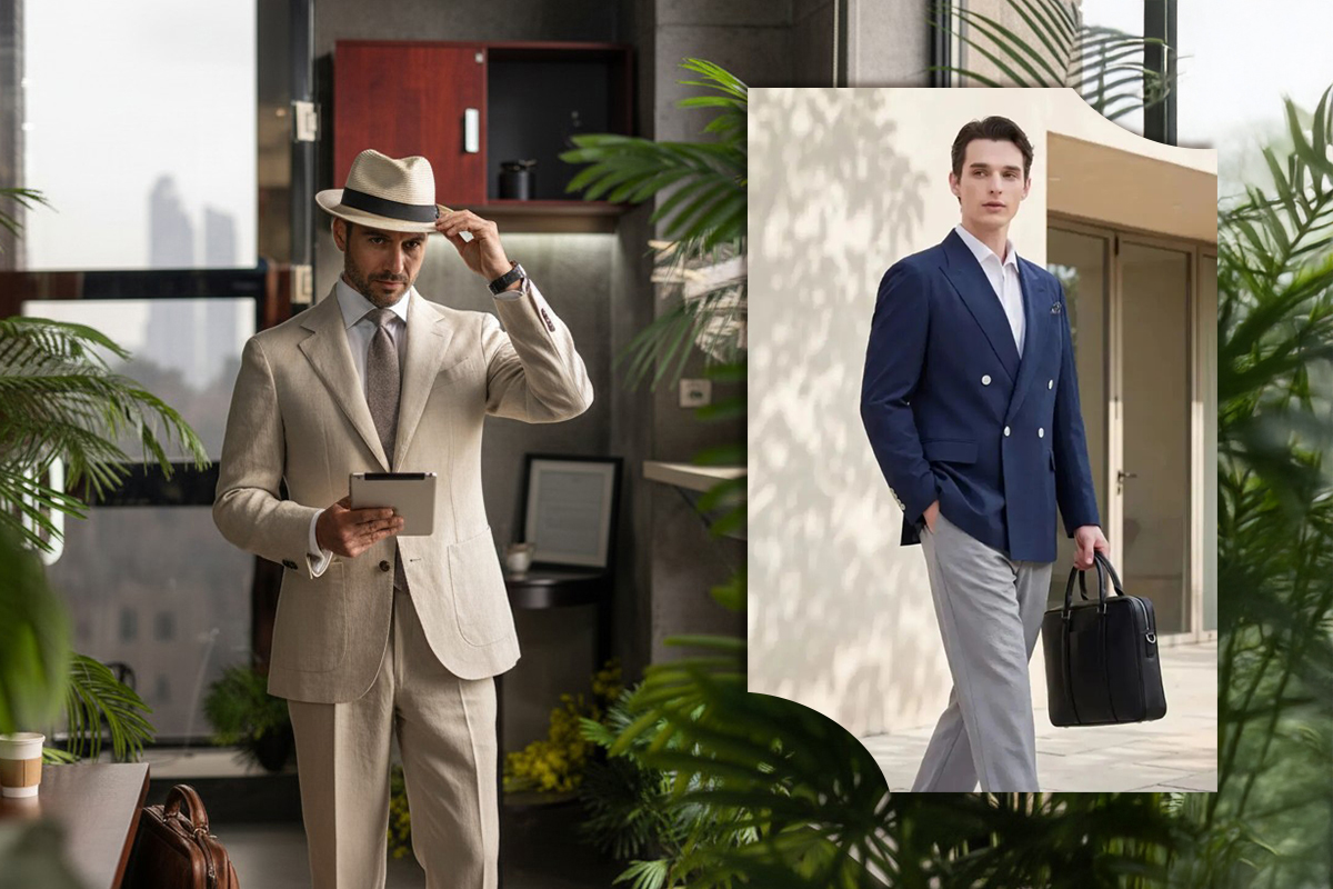 夏日商務西裝穿搭示範-淺米色亞麻套裝與海軍藍雙排釦西裝外套-都會菁英上班族與主管造型