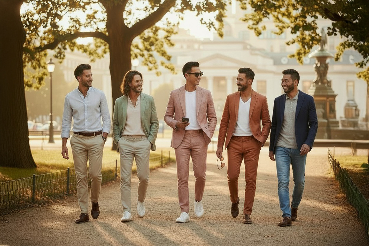 夏日多色休閒西裝穿搭-五位男士展現粉色、橘色與淺綠色西裝搭配小白鞋-伴郎團與週末聚會質感造型