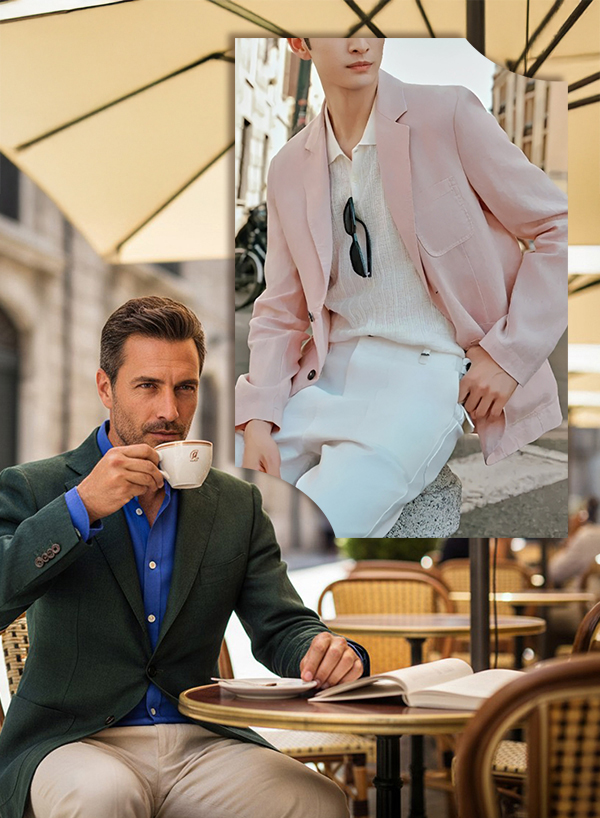 深綠色亞麻西裝套裝與淺粉色亞麻西裝外套搭配白褲的復古都會休閒風格