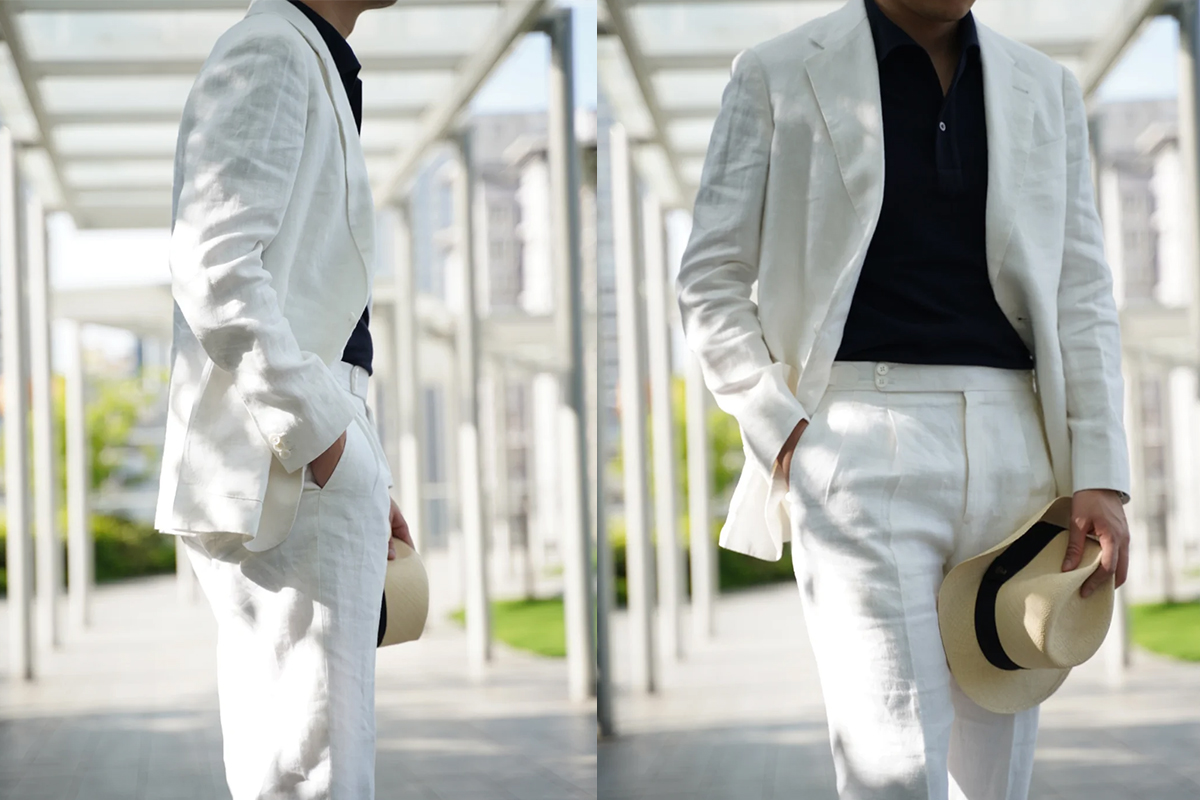 男士米白色亞麻西裝穿搭-亞麻花田與紡車背景-展現天然透氣的夏日休閒西裝材質