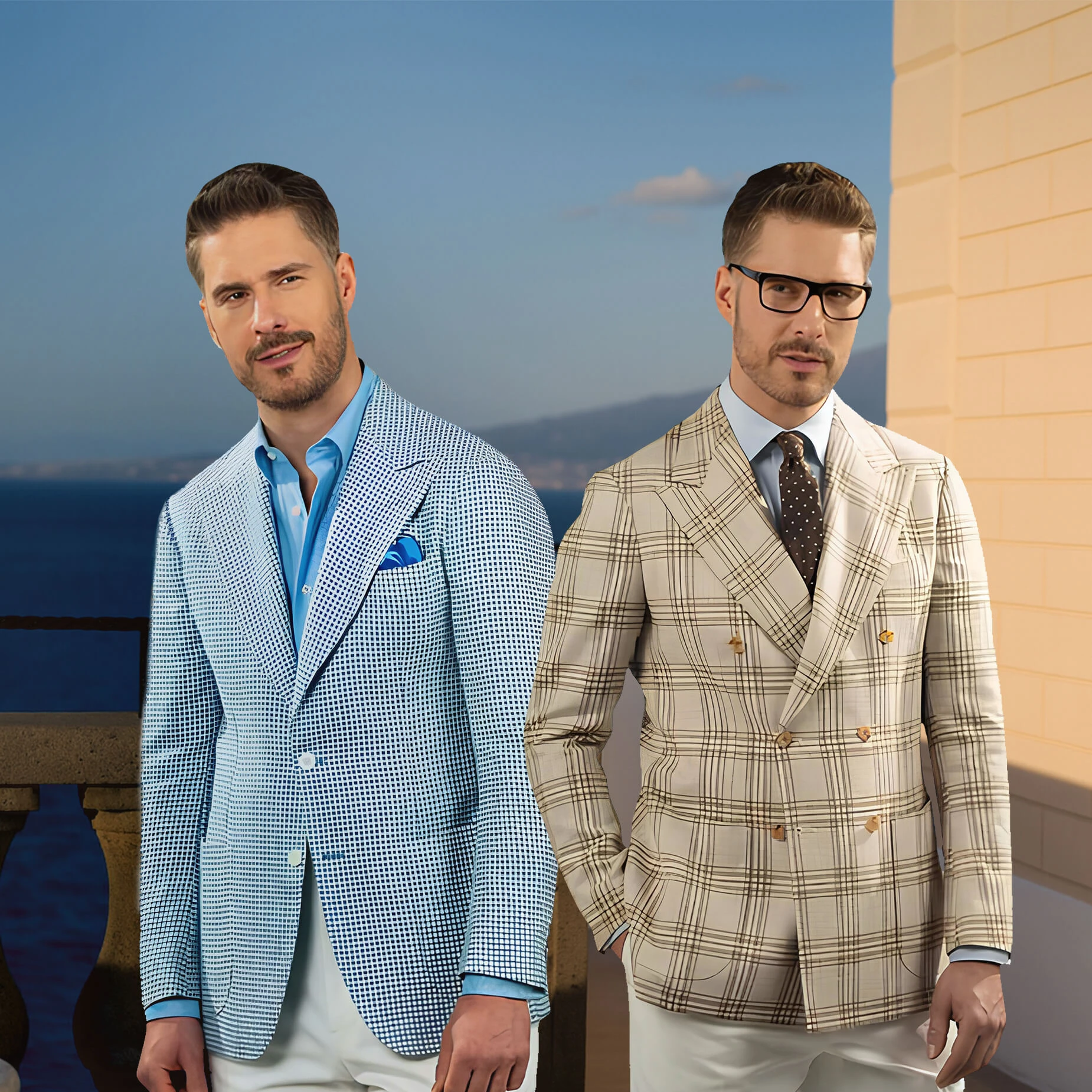 兩位男士在海景陽台穿著淺藍細格紋與米色大格紋西裝外套的夏季紳