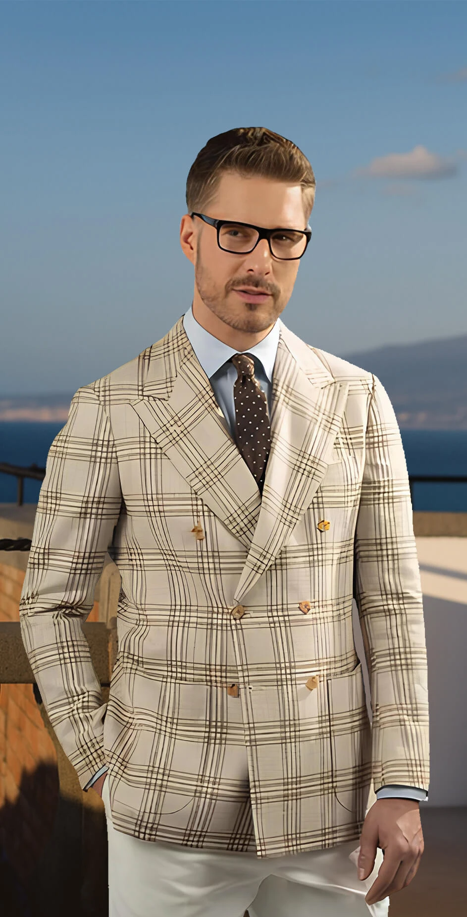 兩位男士在海景陽台穿著淺藍細格紋與米色大格紋西裝外套的夏季紳