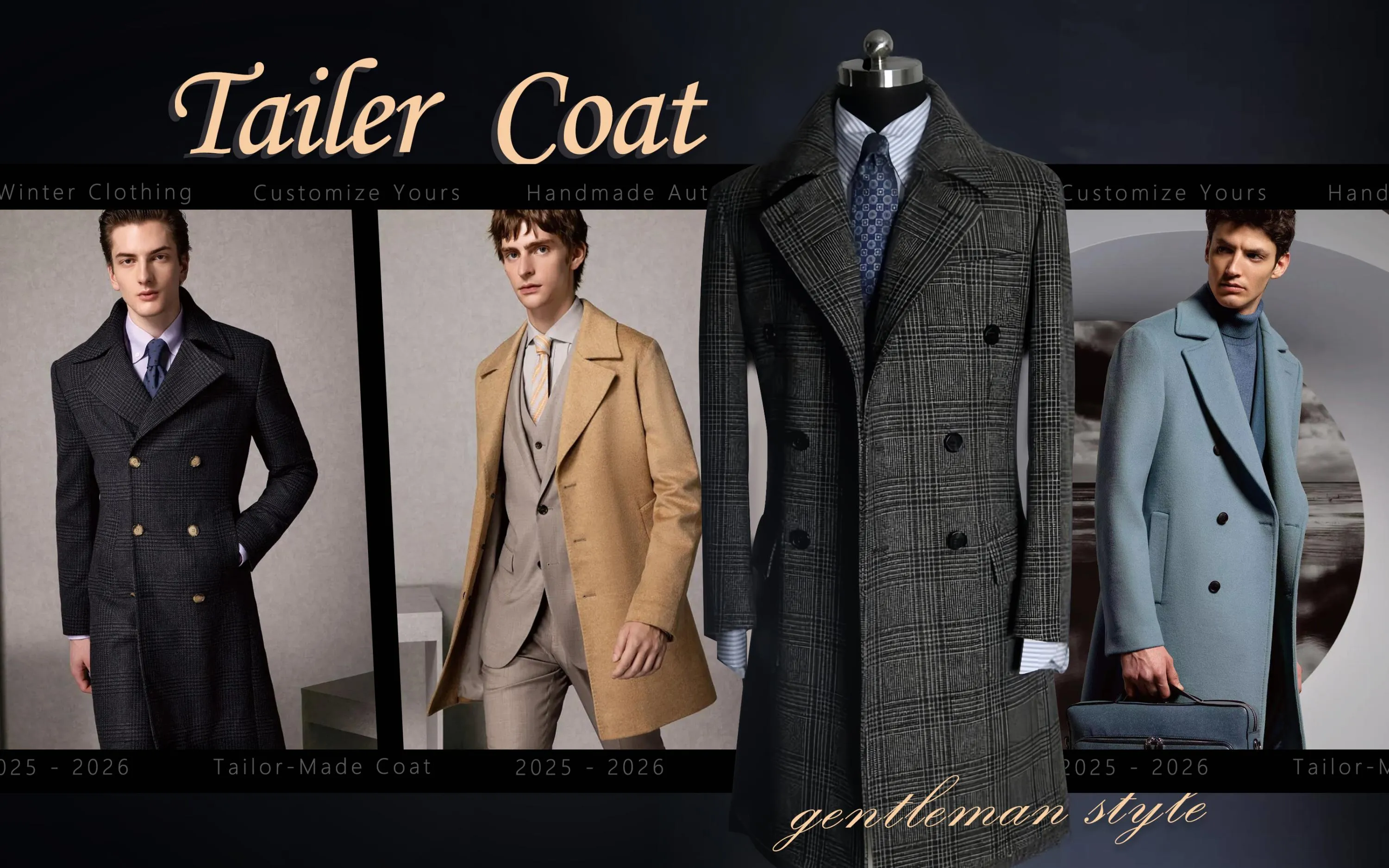 展示男士們秋冬大衣款式:深灰格紋、駝色與霧藍色訂製大衣的紳
