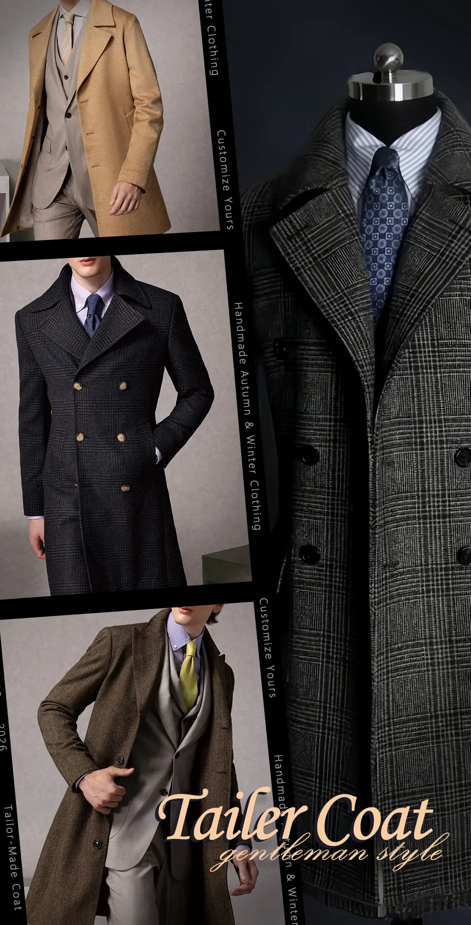 展示男士們秋冬大衣款式:深灰格紋、駝色與霧藍色訂製大衣的紳