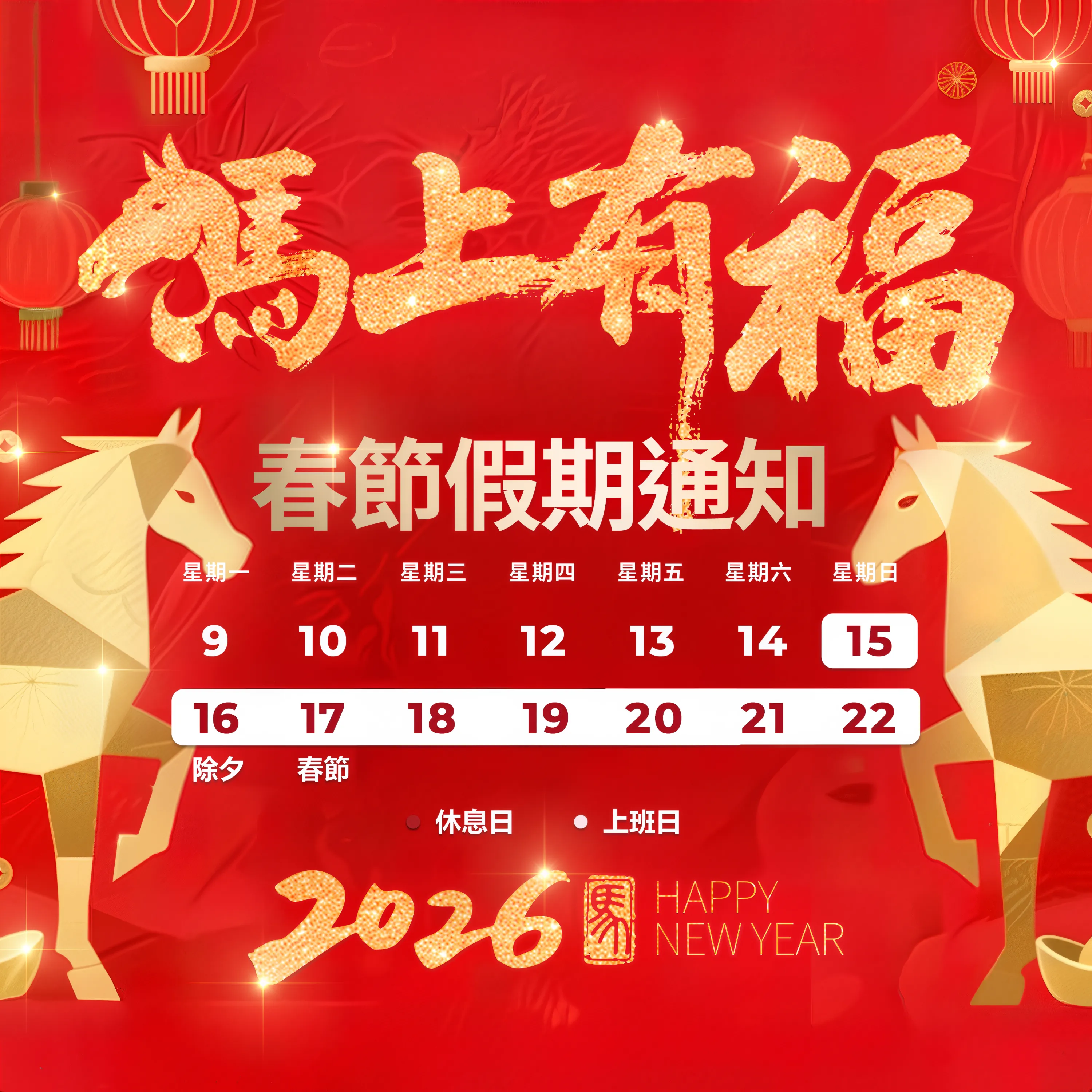 力群西服2026年馬年營業休假通知